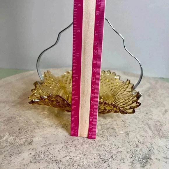 Vintage Yellow Silver-Tone Handle Diamond Amber Gold Sawtooth Edge Candy Dish - Picture 10 of 12